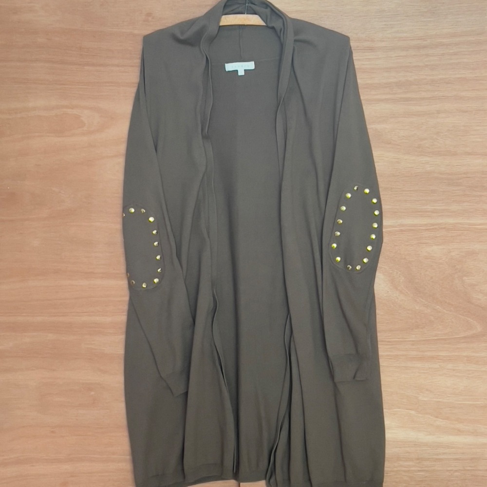 Sandro open front cardigan sweater sz 2 gold accent pockets cotton silk cashmere